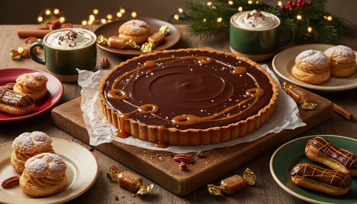 découvrez la tarte de noël parfaite alliant chocolat noir intense et caramel au beurre salé, pour une explosion de saveurs qui fera fondre toutes vos papilles.