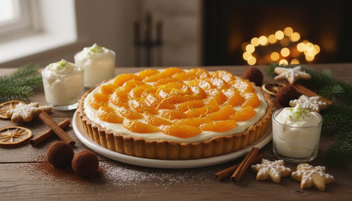 découvrez cette délicieuse tarte de noël au chocolat blanc et clémentines confites, une douceur élégante et fondante parfaite pour partager en famille ou entre amis pendant les fêtes.